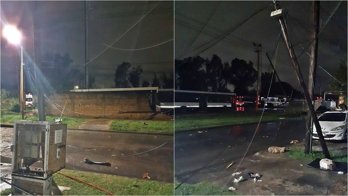 Las r&aacute;fagas de viento derribaron la pared de una empresa de colectivos y movieron los postes de luz.