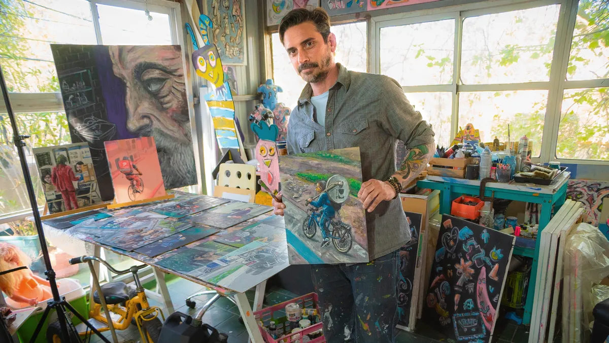 Luc Mogni es un artista plástico de Lomas de Zamora que pinta diferentes situaciones bizarras, principalmente del Conurbano. 