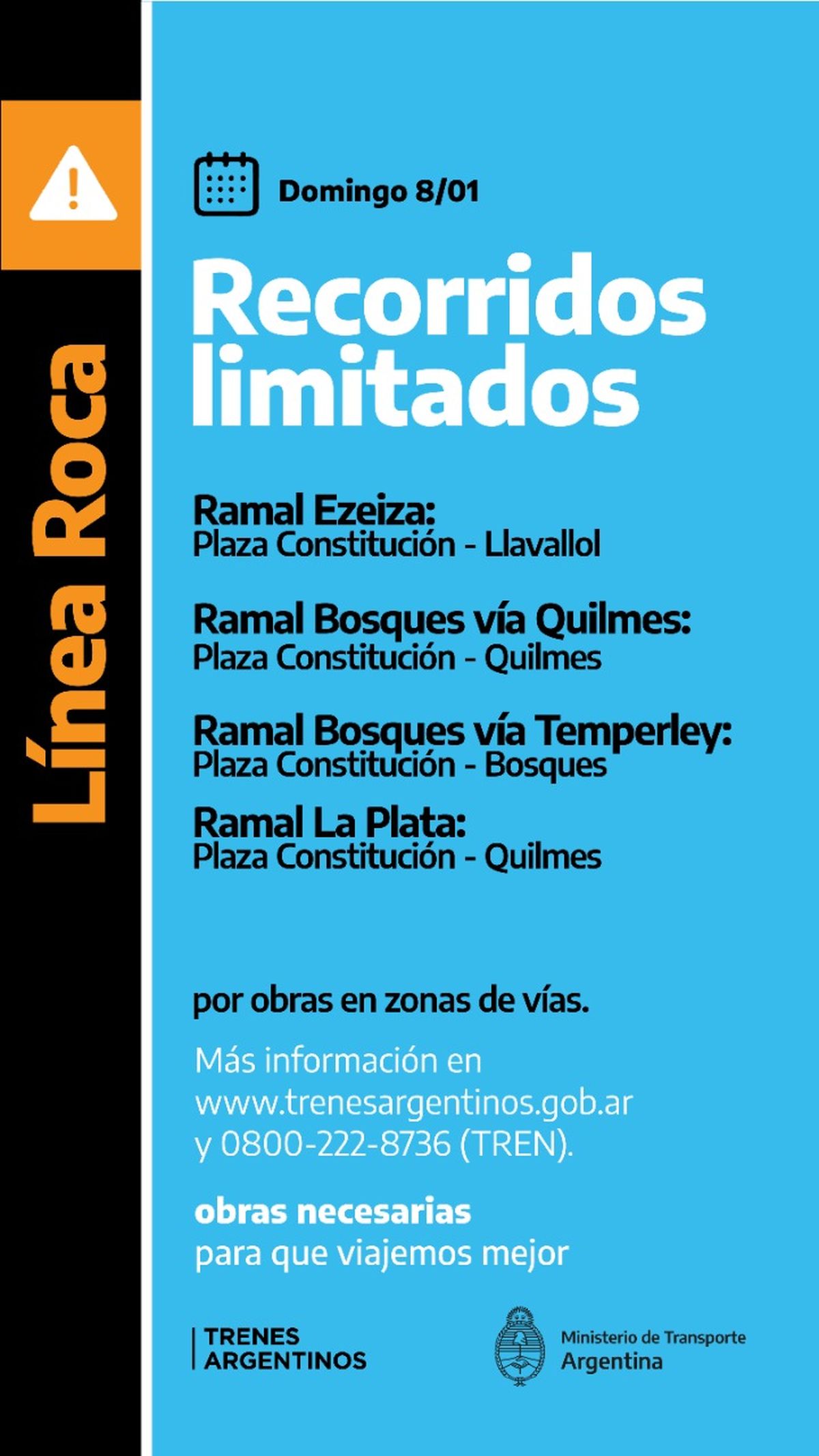 Las modificaciones que sufrirá el Tren Roca este domingo.