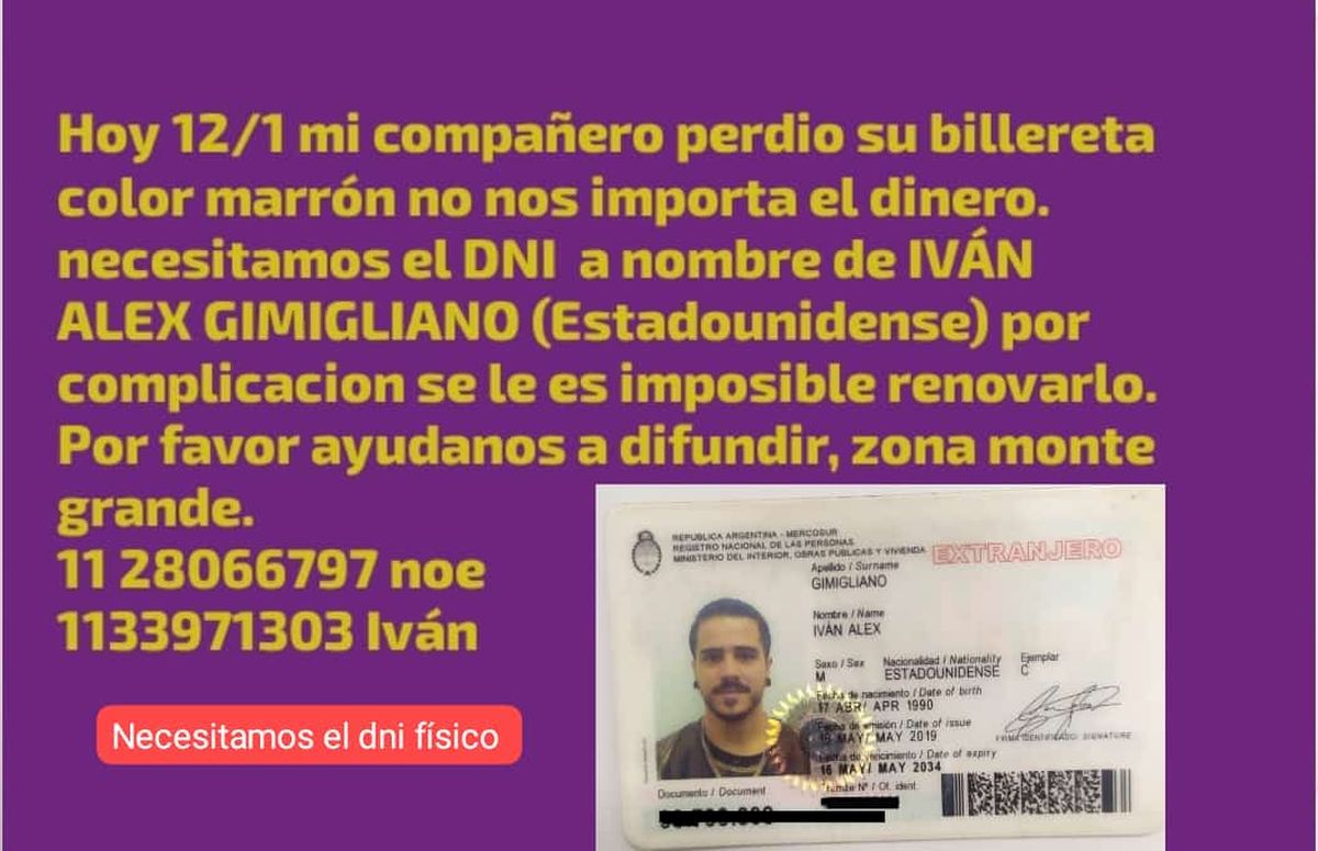 Un vecino de Monte Grande nacido en Estados Unidos perdió su DNI y no lo  puede volver a gestionar