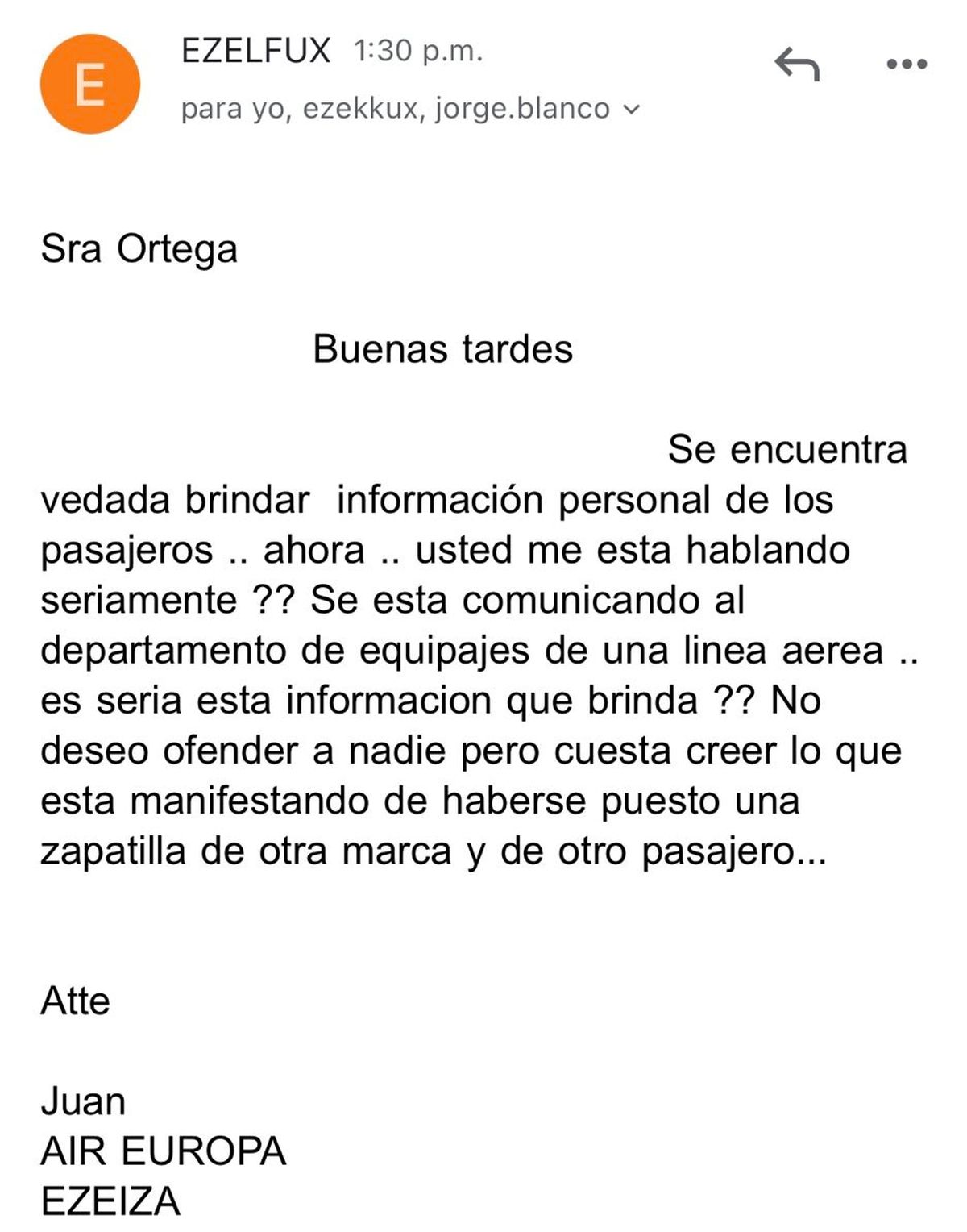 La respuesta de la aerolínea que se volvió viral. La respuesta de la aerolínea que se volvió viral.
