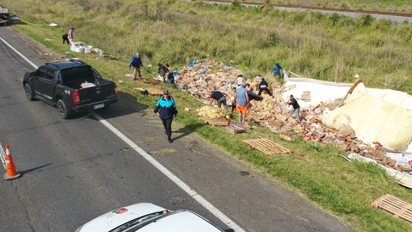 Volcó un camión que trasladaba pollos en la Ruta 2 y la gente lo saqueó