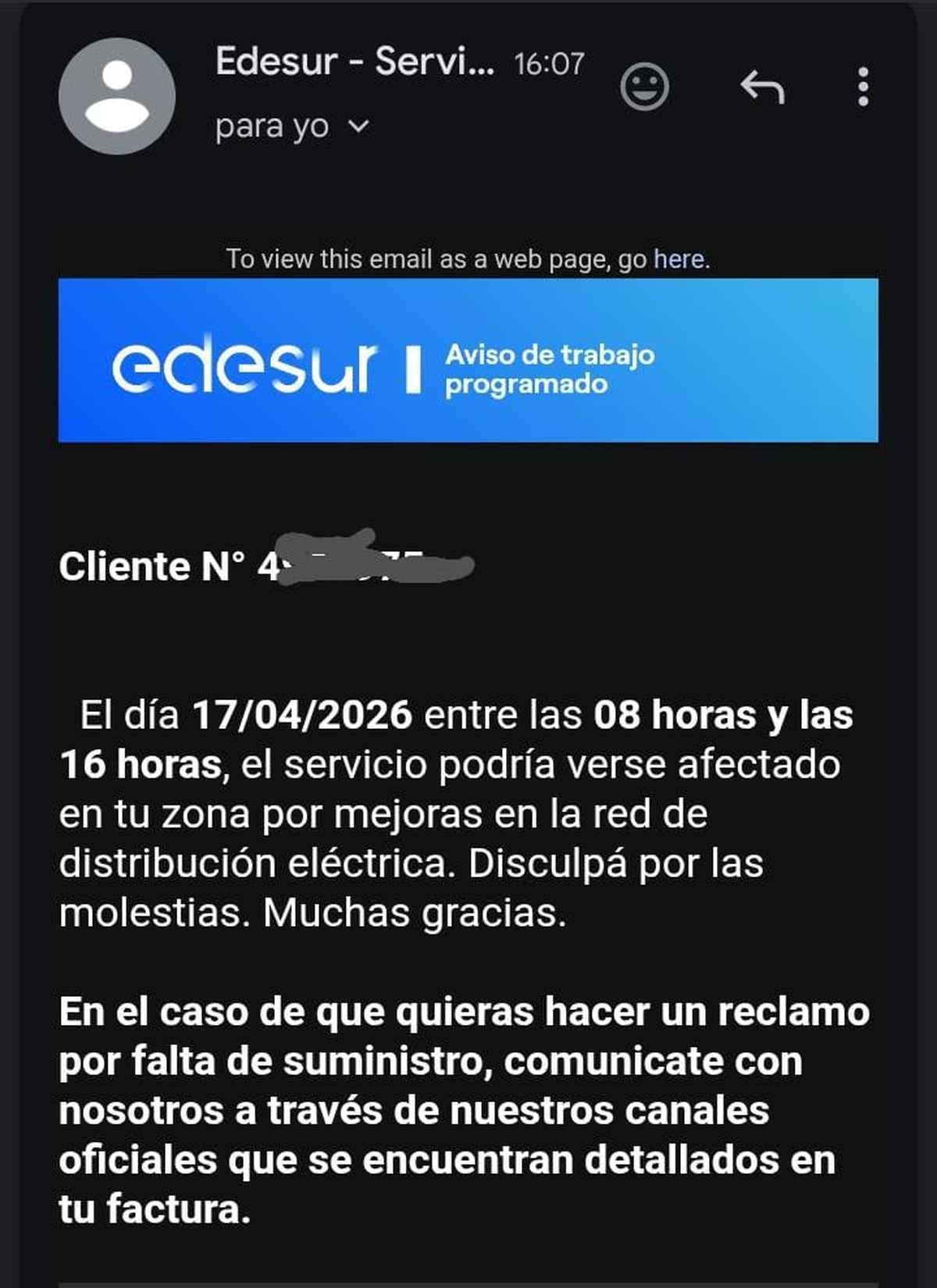 El mensaje recibido por los vecinos de Glew.