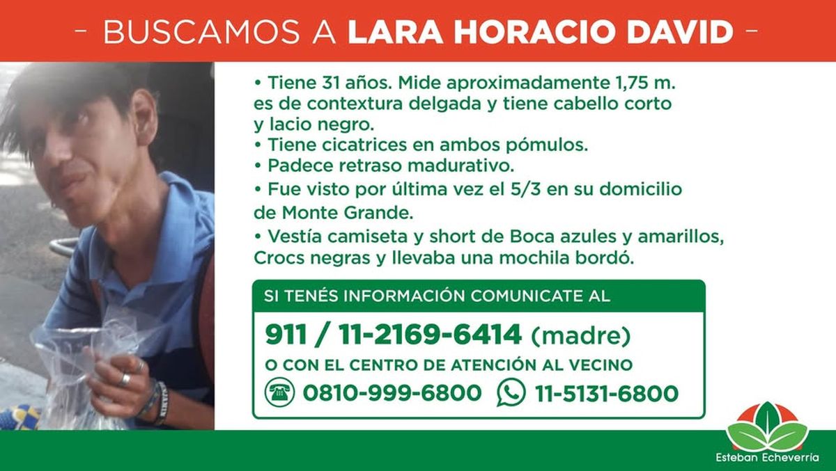 Horacio David Lara desapareció en Monte Grande, Esteban Echeverría.