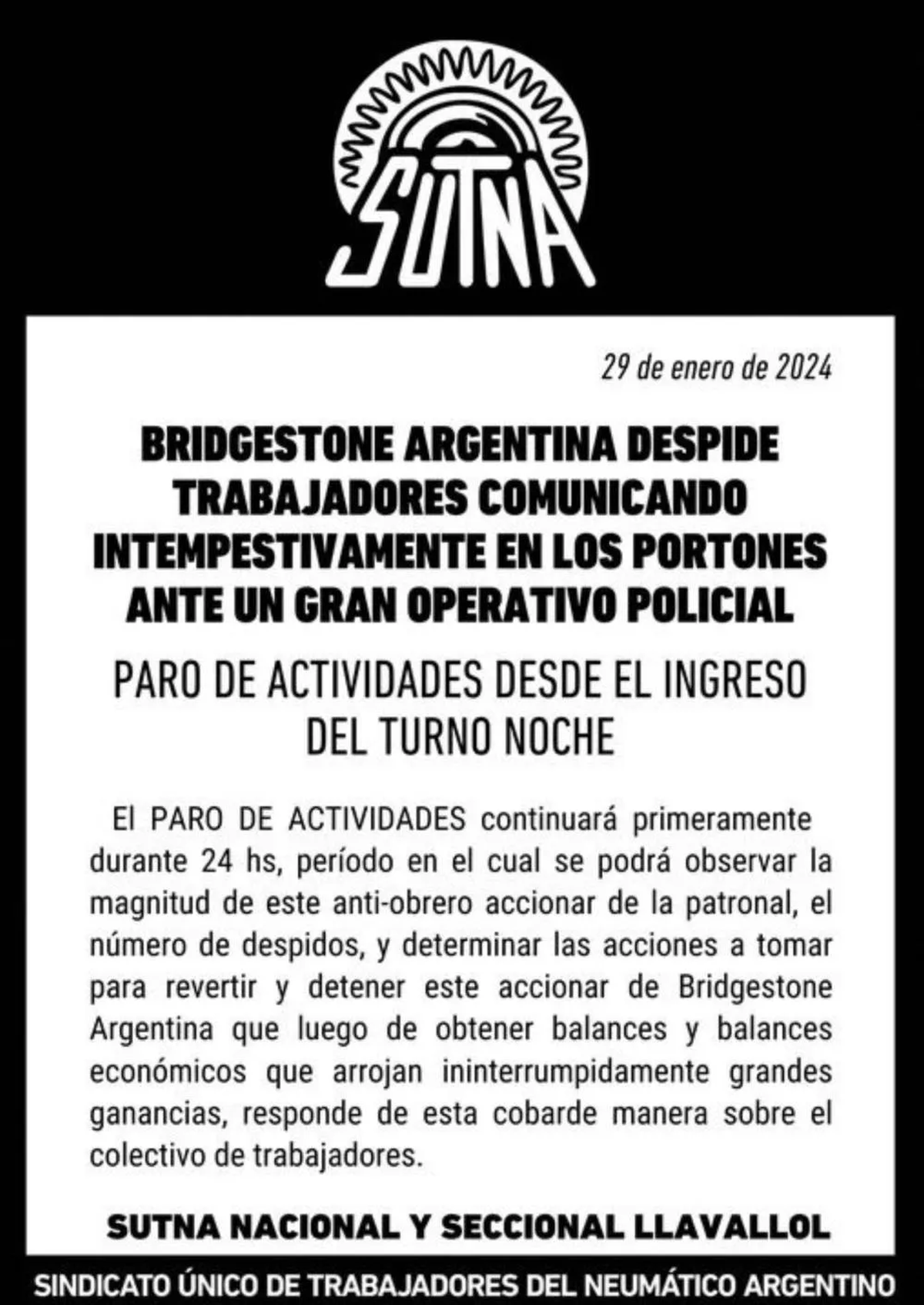 El comunicado del SUTNA sobre lo que sucede en la planta de Llavallol.