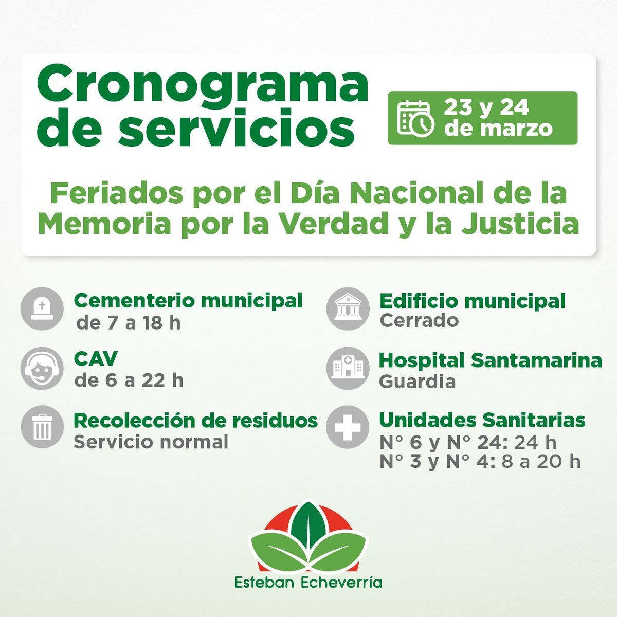 El cronograma de servicios por el fin de semana largo en Esteban Echeverría. 