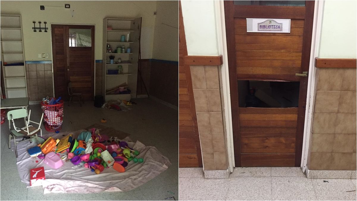 Elementos desparramados y el acceso a la biblioteca destruido.