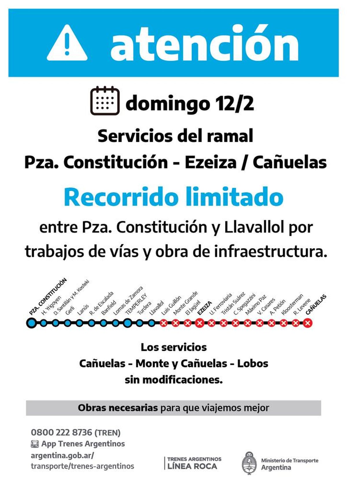 Este domingo los servicios del Tren Roca que van desde Plaza Constitución hasta Ezeiza circularán de forma limitada hasta Llavallol.
